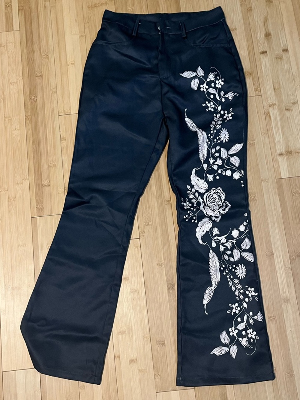 Black Flared Pants with White Floral Embroidery 28 waist 29 length
